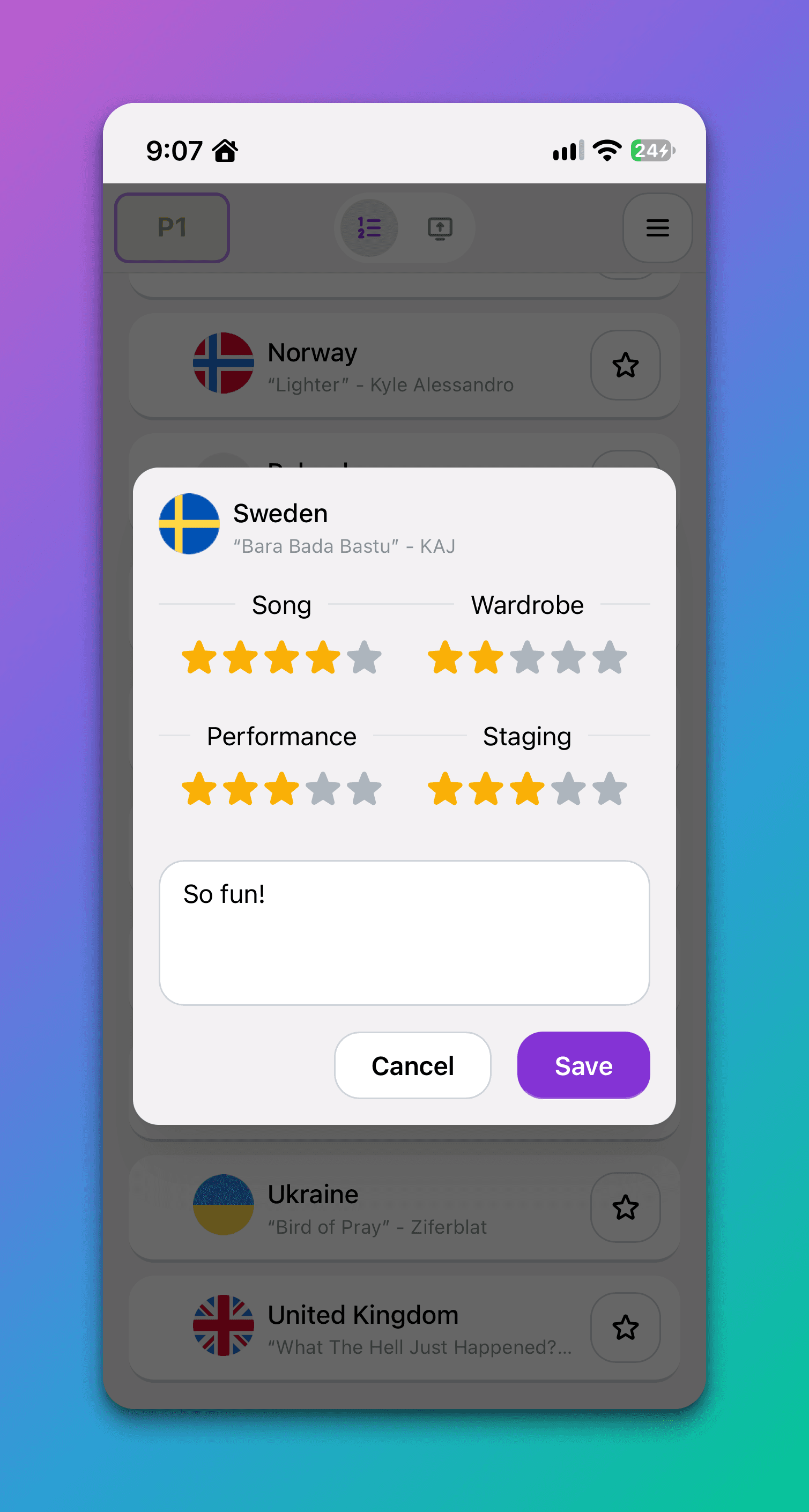 Rating a contestant with comments and stars in different categories.