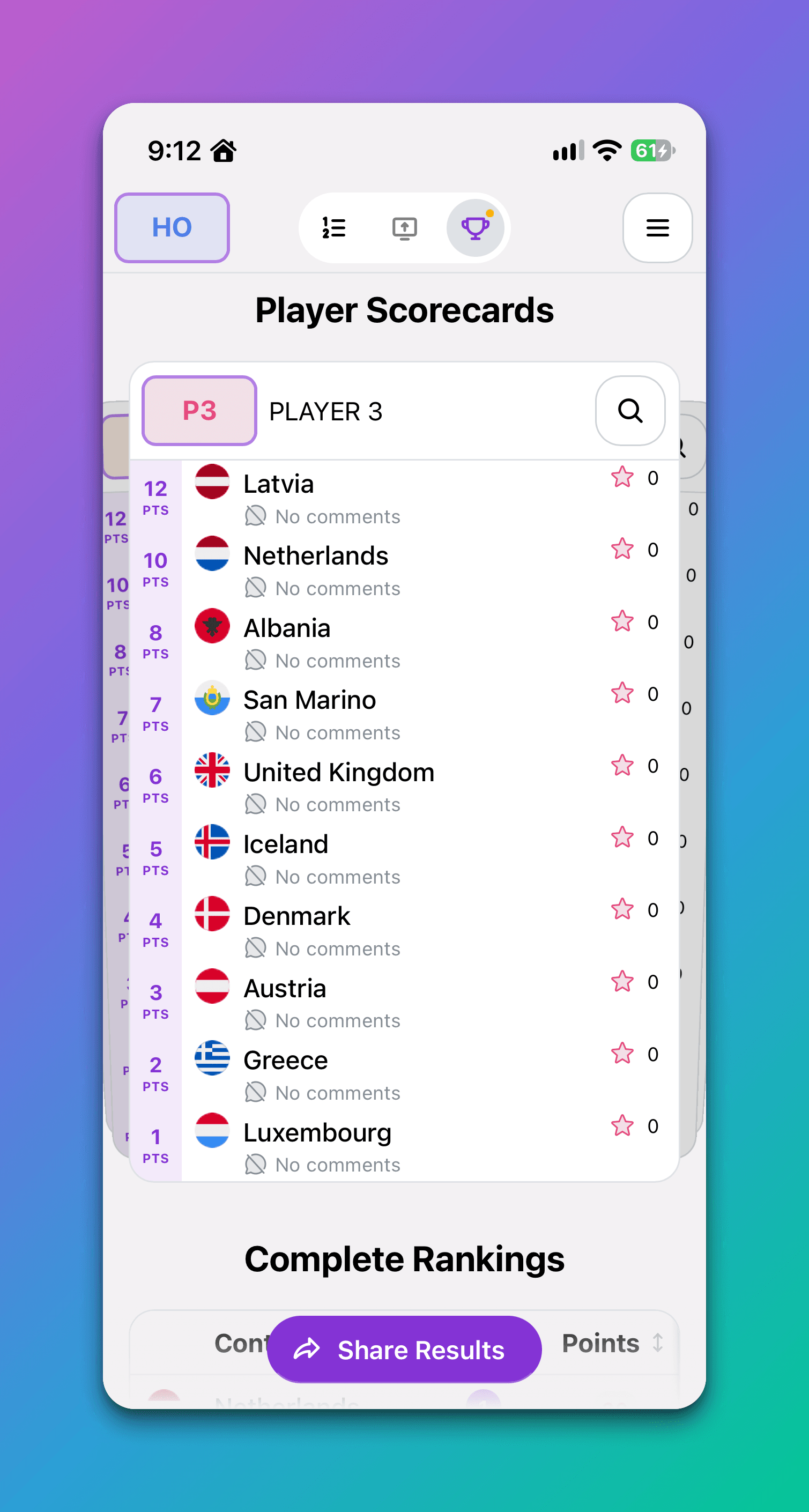 Section of the shareable results page showing player scorecards.